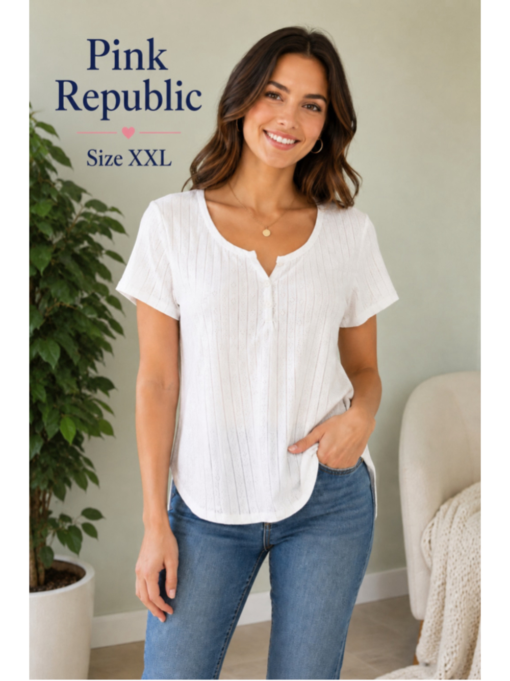 Pink Republic Ivory Short Sleeve Henley Top XXL NWT